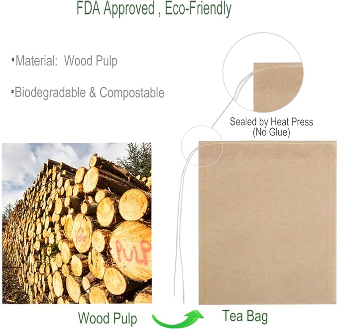 Disposable Eco-Friendly Paper Tea Bags - 100 Pack Drawstring Filter Pouches for Loose Tea, Coffee, Herbs, or Soup Spices (Single-Use, Food-Grade)