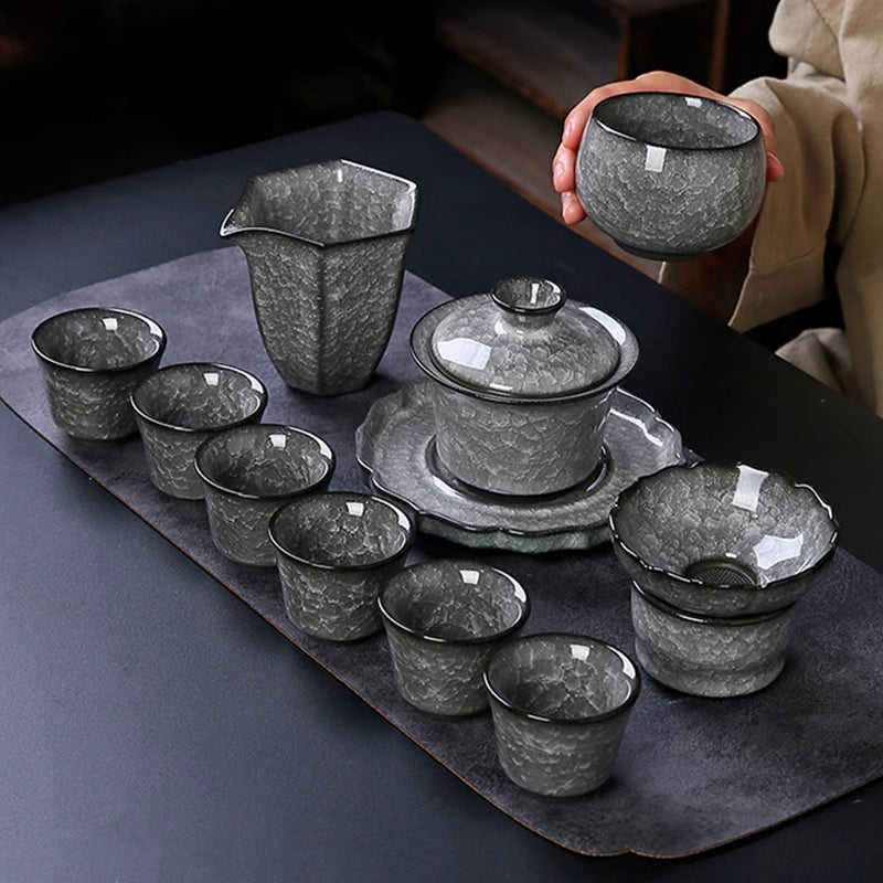 Black Ice Gongfu Tea Set - Premium Ceramic Teacups with Hovering Lid Bowl & Ice Crackle Glaze, Luxury Home & Office Tea Ceremony Accessories