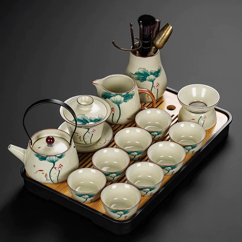 Ru Kiln Ceramic Kung Fu Tea Set - Luxury Teapot, Gaiwan, Cups & Tray for Home Tea Ceremony, Premium Chinese Porcelain Brewing Kit