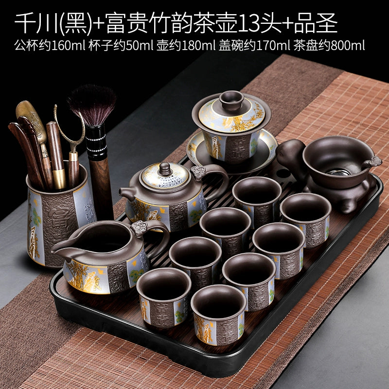 宜兴紫砂茶具 - 豪华自动茶壶配功夫茶杯,轻松冲泡家庭仪式,优质紫砂陶瓷配件