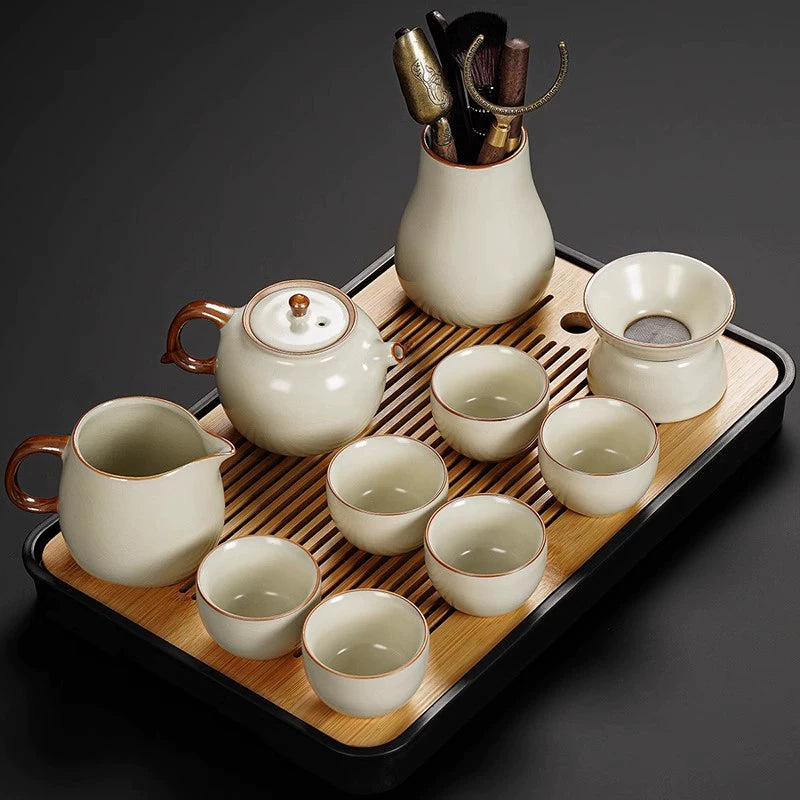 Ru Kiln Ceramic Kung Fu Tea Set - Luxury Teapot, Gaiwan, Cups & Tray for Home Tea Ceremony, Premium Chinese Porcelain Brewing Kit