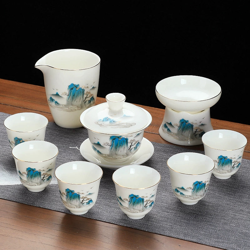 优质德化瓷茶具 - 玉釉陶瓷茶壶配紧凑茶杯,优雅白色陶瓷茶具,适用于家庭、办公室或客厅使用