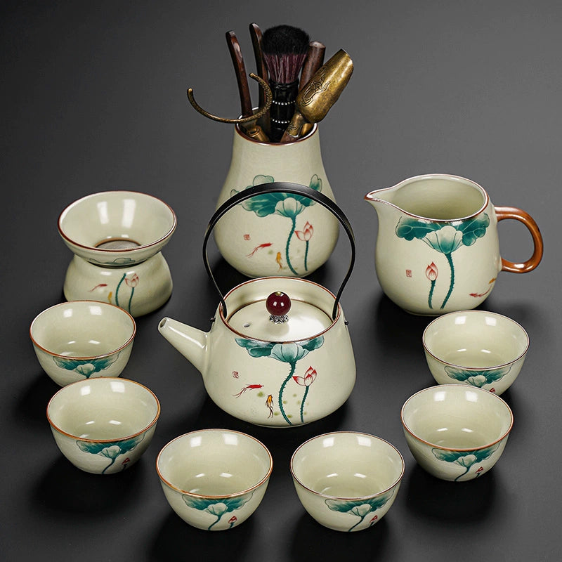 Ru Kiln Ceramic Kung Fu Tea Set - Luxury Teapot, Gaiwan, Cups & Tray for Home Tea Ceremony, Premium Chinese Porcelain Brewing Kit