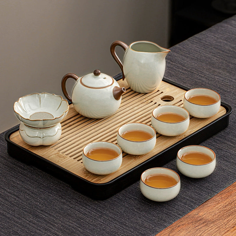 Ru Kiln Ceramic Kung Fu Tea Set - Luxury Teapot, Gaiwan, Cups & Tray for Home Tea Ceremony, Premium Chinese Porcelain Brewing Kit