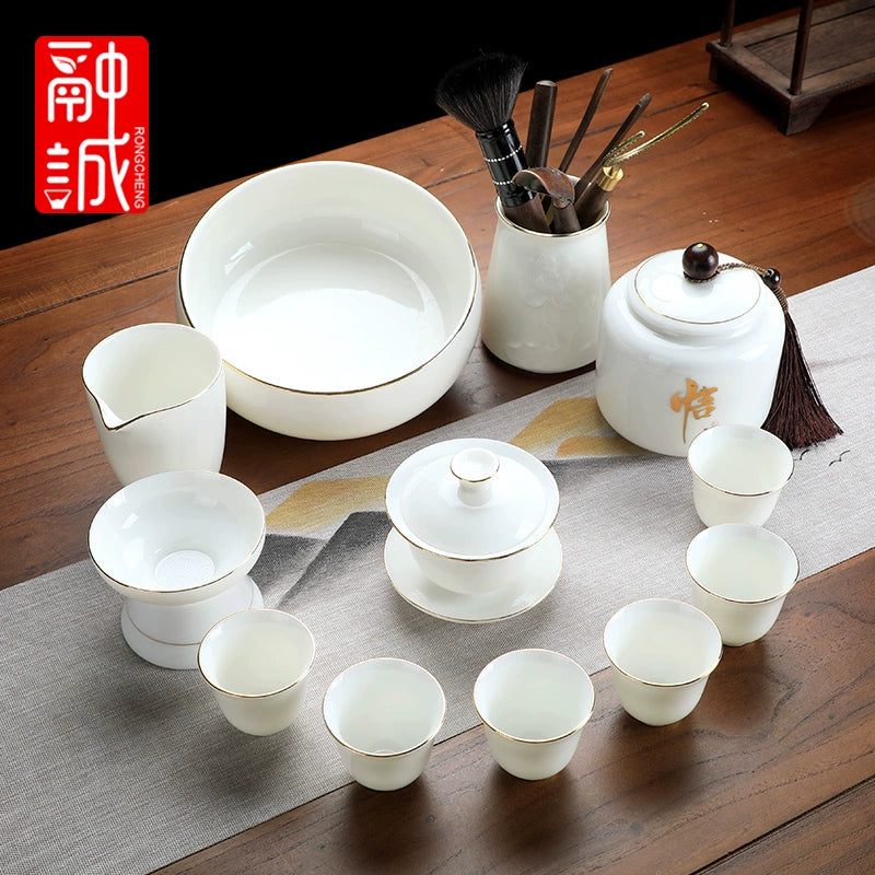 优质德化瓷茶具 - 玉釉陶瓷茶壶配紧凑茶杯,优雅白色陶瓷茶具,适用于家庭、办公室或客厅使用