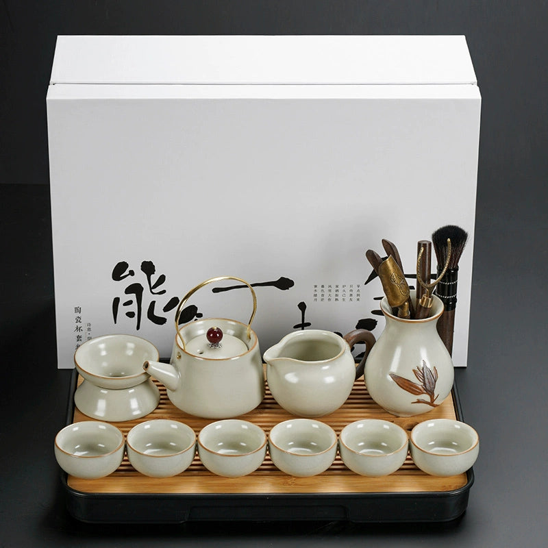 Ru Kiln Ceramic Kung Fu Tea Set - Luxury Teapot, Gaiwan, Cups & Tray for Home Tea Ceremony, Premium Chinese Porcelain Brewing Kit