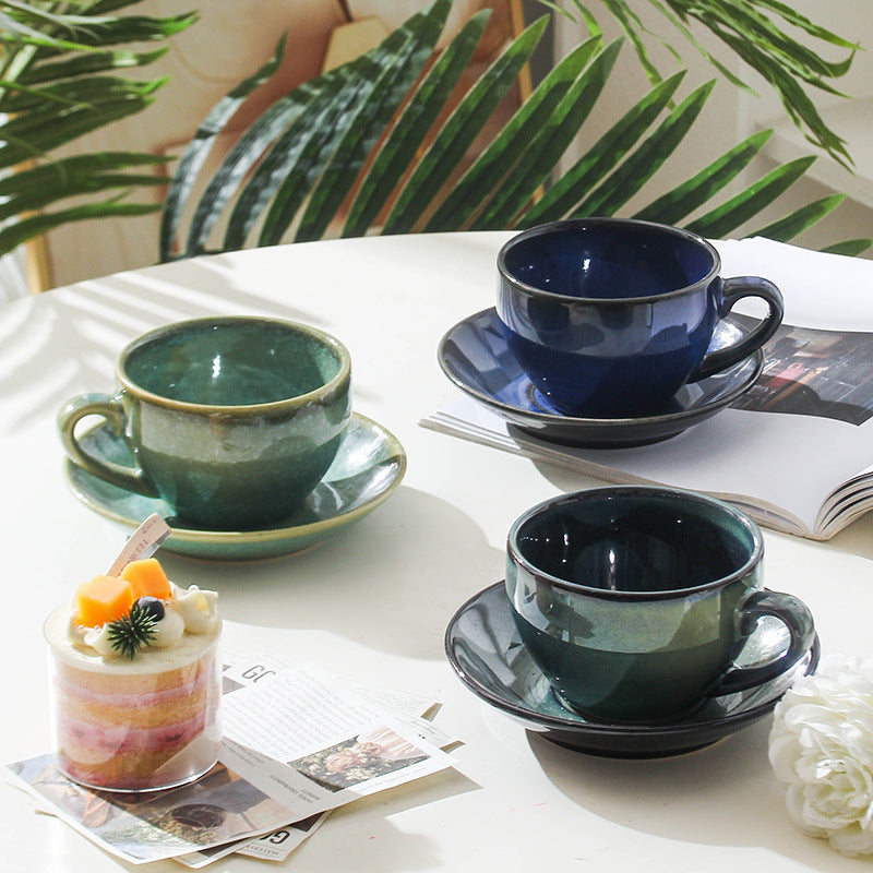 American Vintage-Style Ceramic Coffee Cup & Saucer Set – Rustic Glazed Tea Set with Oxidation Firing Finish