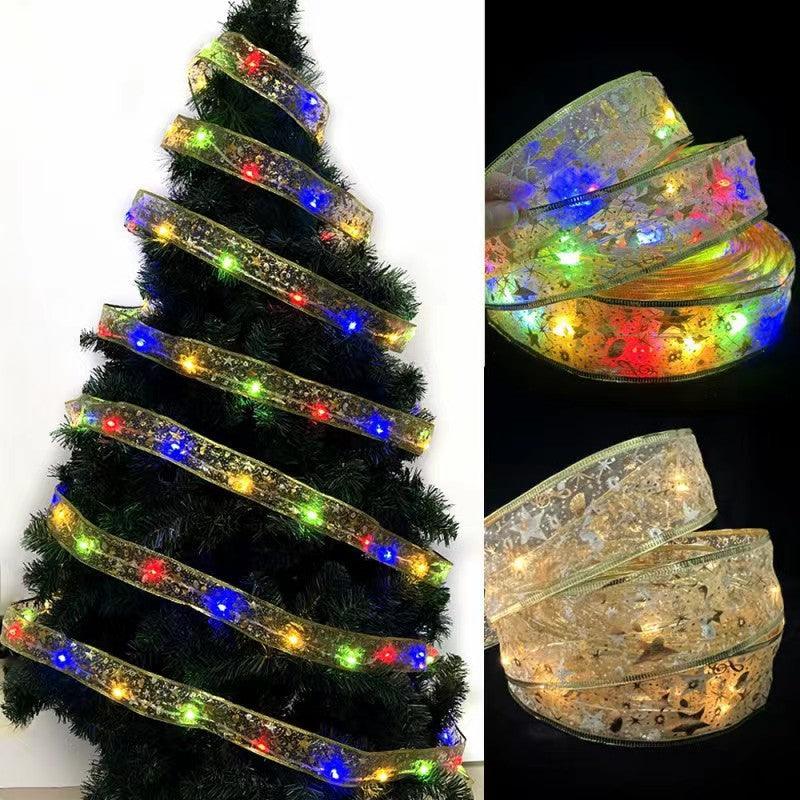 Christmas Tree Ribbon String Lights - 33ft 100 LED Battery Powered Fairy Lights with Timer and 8 Lighting Modes, Christmas Ribbon Bows Lights for 6ft - 8ft Christmas Tree New Year Decor, Gold