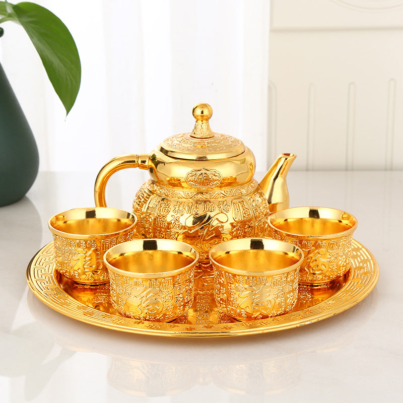 Luxury Gold "Fu" Chinese Gongfu Tea Set - Complete Alloy Teapot & Cups with Tray, Compact Home Brewing Kit for Coffee Table, Elegant Gift for Tea Lovers