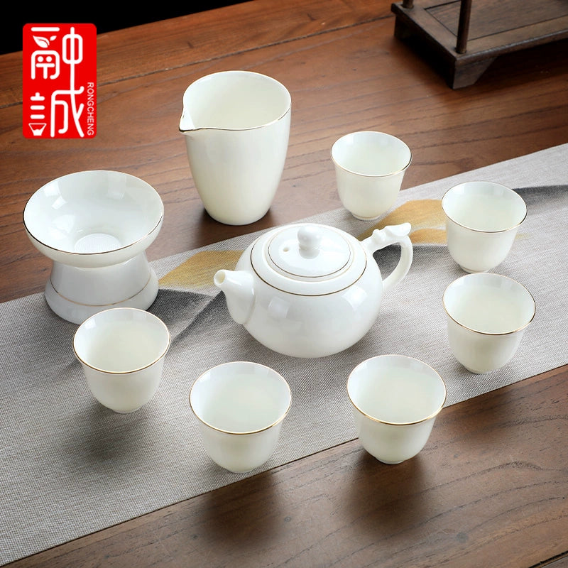 优质德化瓷茶具 - 玉釉陶瓷茶壶配紧凑茶杯,优雅白色陶瓷茶具,适用于家庭、办公室或客厅使用