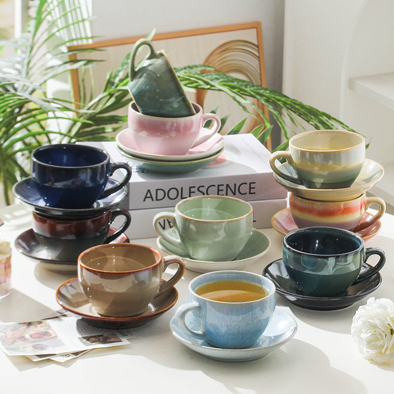 American Vintage-Style Ceramic Coffee Cup & Saucer Set – Rustic Glazed Tea Set with Oxidation Firing Finish