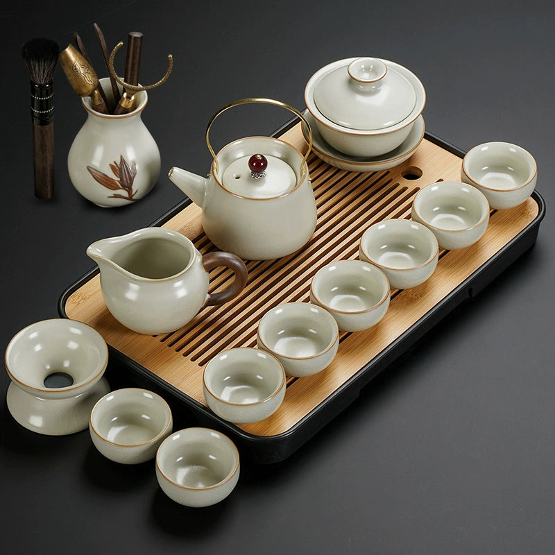 Ru Kiln Ceramic Kung Fu Tea Set - Luxury Teapot, Gaiwan, Cups & Tray for Home Tea Ceremony, Premium Chinese Porcelain Brewing Kit