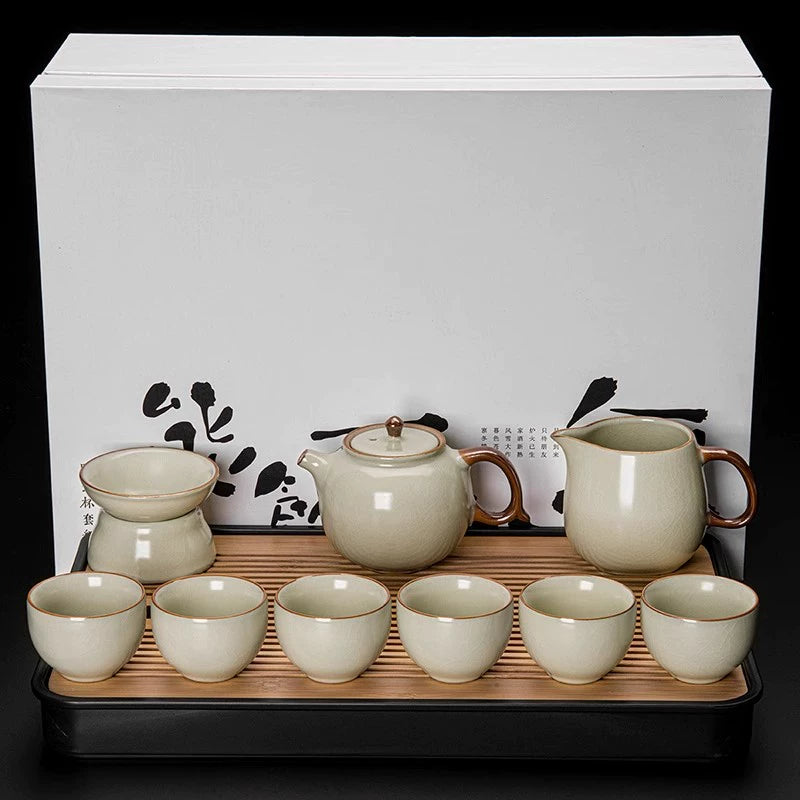 Ru Kiln Ceramic Kung Fu Tea Set - Luxury Teapot, Gaiwan, Cups & Tray for Home Tea Ceremony, Premium Chinese Porcelain Brewing Kit