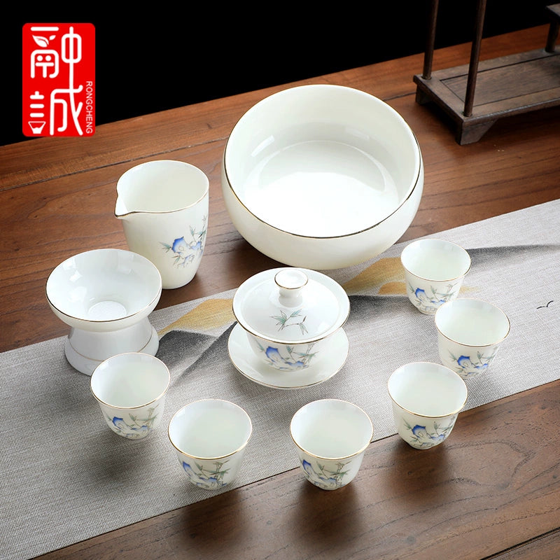 优质德化瓷茶具 - 玉釉陶瓷茶壶配紧凑茶杯,优雅白色陶瓷茶具,适用于家庭、办公室或客厅使用