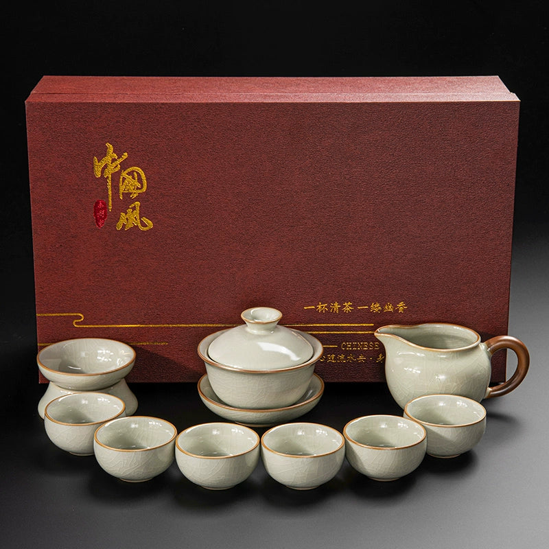 Ru Kiln Ceramic Kung Fu Tea Set - Luxury Teapot, Gaiwan, Cups & Tray for Home Tea Ceremony, Premium Chinese Porcelain Brewing Kit