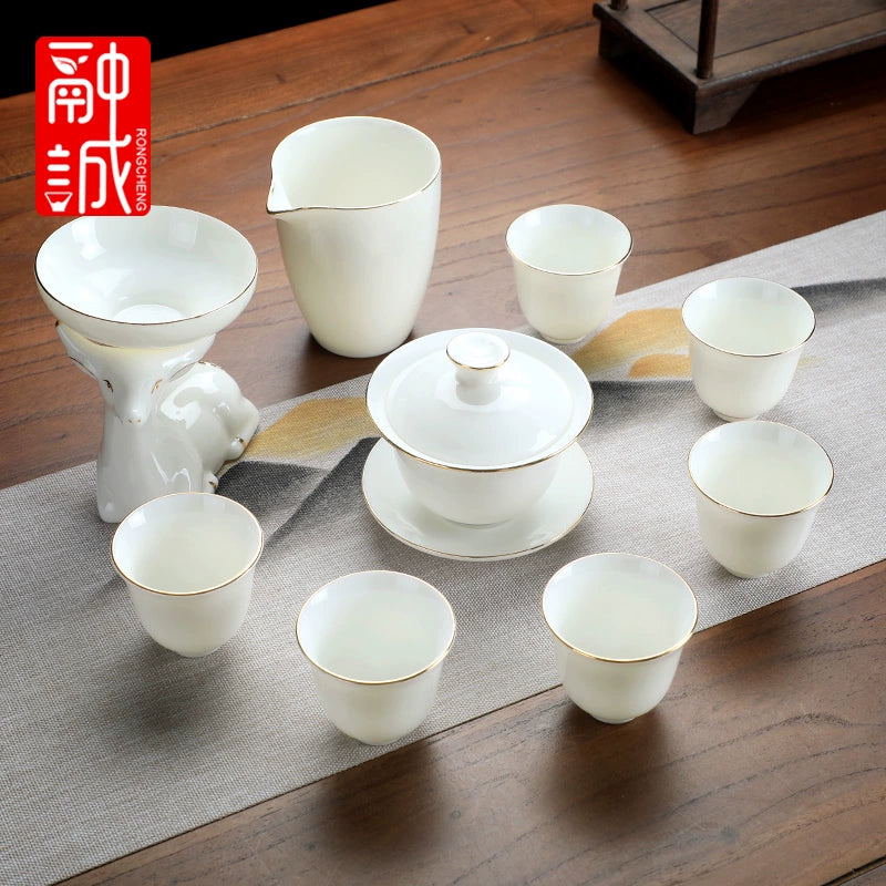 优质德化瓷茶具 - 玉釉陶瓷茶壶配紧凑茶杯,优雅白色陶瓷茶具,适用于家庭、办公室或客厅使用