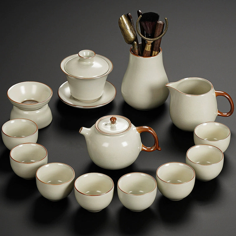 Ru Kiln Ceramic Kung Fu Tea Set - Luxury Teapot, Gaiwan, Cups & Tray for Home Tea Ceremony, Premium Chinese Porcelain Brewing Kit
