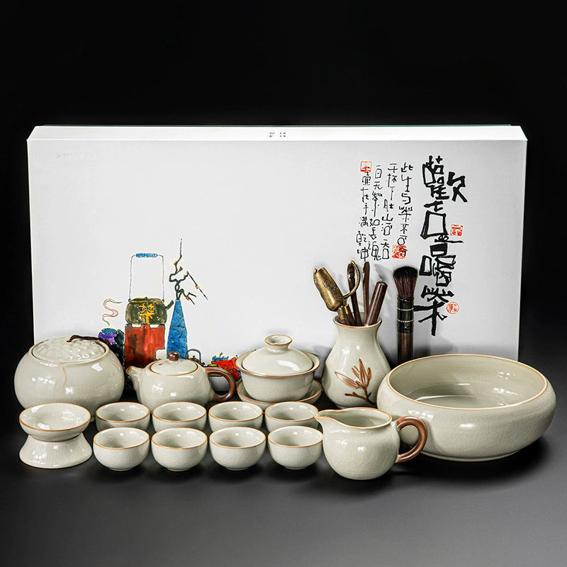 Ru Kiln Ceramic Kung Fu Tea Set - Luxury Teapot, Gaiwan, Cups & Tray for Home Tea Ceremony, Premium Chinese Porcelain Brewing Kit