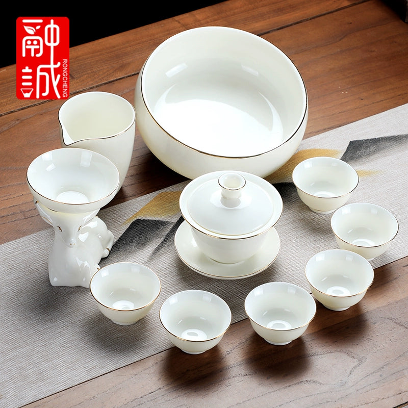 优质德化瓷茶具 - 玉釉陶瓷茶壶配紧凑茶杯,优雅白色陶瓷茶具,适用于家庭、办公室或客厅使用