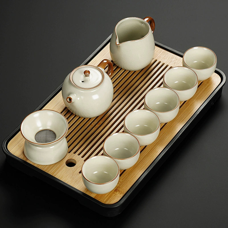 Ru Kiln Ceramic Kung Fu Tea Set - Luxury Teapot, Gaiwan, Cups & Tray for Home Tea Ceremony, Premium Chinese Porcelain Brewing Kit