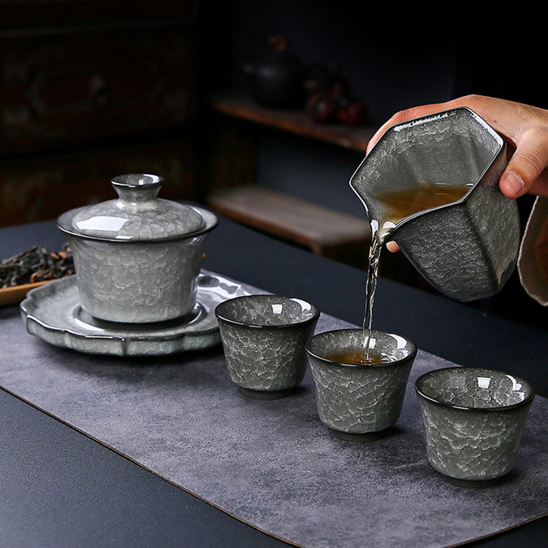Black Ice Gongfu Tea Set - Premium Ceramic Teacups with Hovering Lid Bowl & Ice Crackle Glaze, Luxury Home & Office Tea Ceremony Accessories