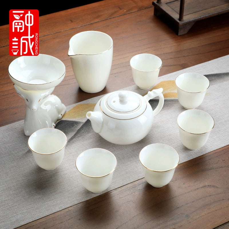 优质德化瓷茶具 - 玉釉陶瓷茶壶配紧凑茶杯,优雅白色陶瓷茶具,适用于家庭、办公室或客厅使用