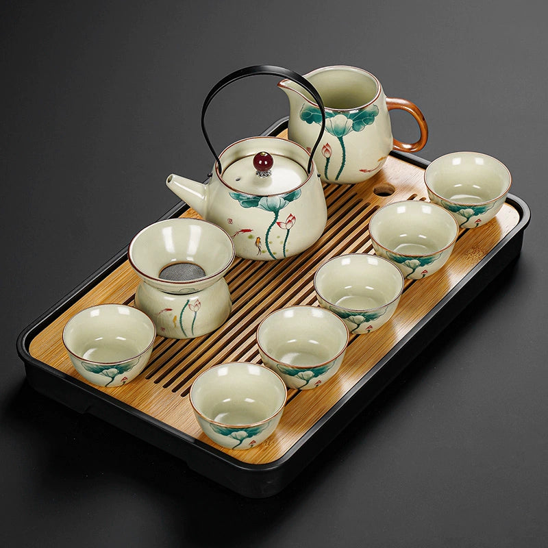 Ru Kiln Ceramic Kung Fu Tea Set - Luxury Teapot, Gaiwan, Cups & Tray for Home Tea Ceremony, Premium Chinese Porcelain Brewing Kit