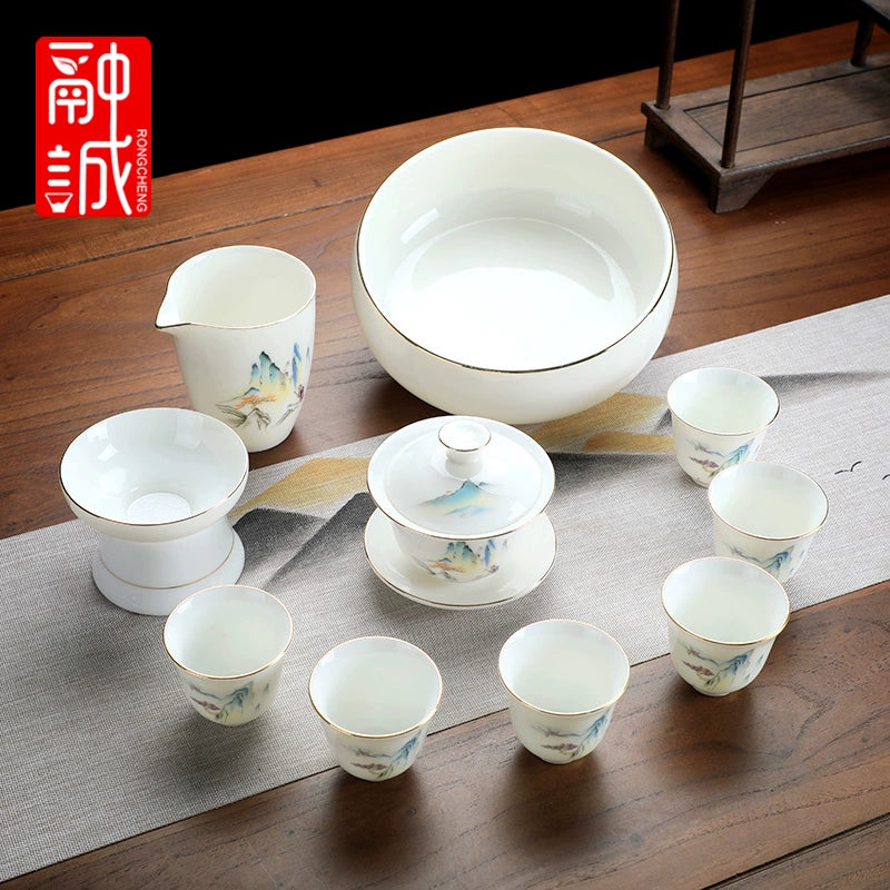 优质德化瓷茶具 - 玉釉陶瓷茶壶配紧凑茶杯,优雅白色陶瓷茶具,适用于家庭、办公室或客厅使用