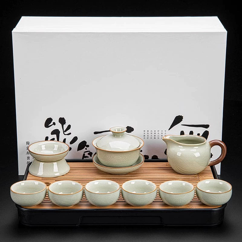 Ru Kiln Ceramic Kung Fu Tea Set - Luxury Teapot, Gaiwan, Cups & Tray for Home Tea Ceremony, Premium Chinese Porcelain Brewing Kit