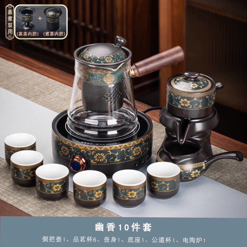 Effortless Tea Set with Heat-Resistant Teapot - Semi-Automatic Ceramic Gongfu Teacups & Stone-Mill Design for Home Brewing, Anti-Scald Tea Maker Kit