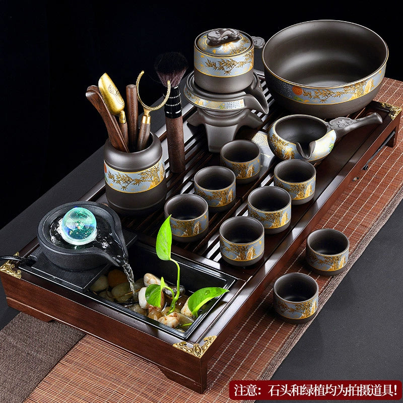 宜兴紫砂茶具 - 豪华自动茶壶配功夫茶杯,轻松冲泡家庭仪式,优质紫砂陶瓷配件