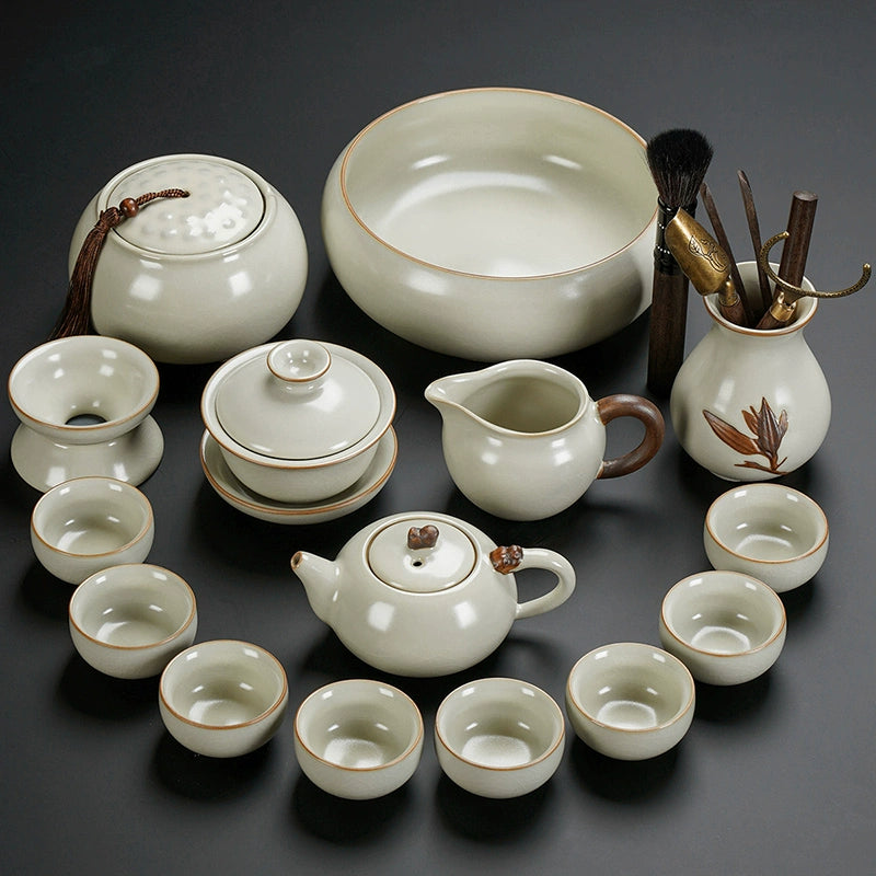 Ru Kiln Ceramic Kung Fu Tea Set - Luxury Teapot, Gaiwan, Cups & Tray for Home Tea Ceremony, Premium Chinese Porcelain Brewing Kit