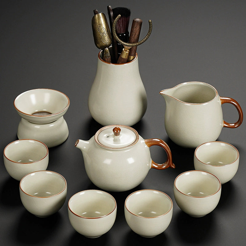 Ru Kiln Ceramic Kung Fu Tea Set - Luxury Teapot, Gaiwan, Cups & Tray for Home Tea Ceremony, Premium Chinese Porcelain Brewing Kit