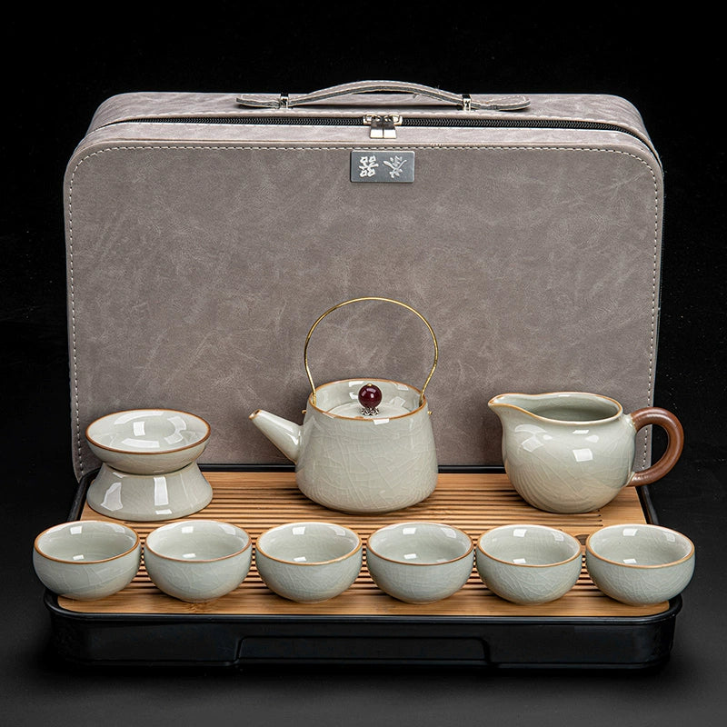 Ru Kiln Ceramic Kung Fu Tea Set - Luxury Teapot, Gaiwan, Cups & Tray for Home Tea Ceremony, Premium Chinese Porcelain Brewing Kit