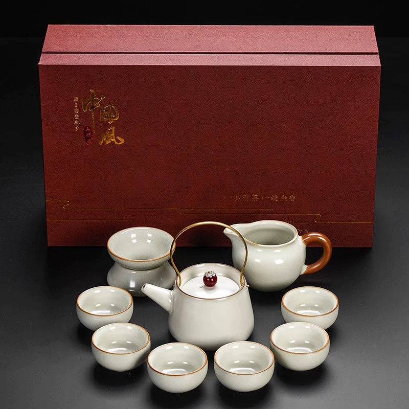 Ru Kiln Ceramic Kung Fu Tea Set - Luxury Teapot, Gaiwan, Cups & Tray for Home Tea Ceremony, Premium Chinese Porcelain Brewing Kit