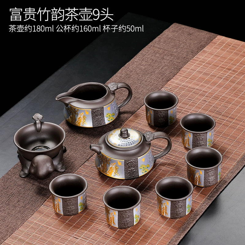 宜兴紫砂茶具 - 豪华自动茶壶配功夫茶杯,轻松冲泡家庭仪式,优质紫砂陶瓷配件