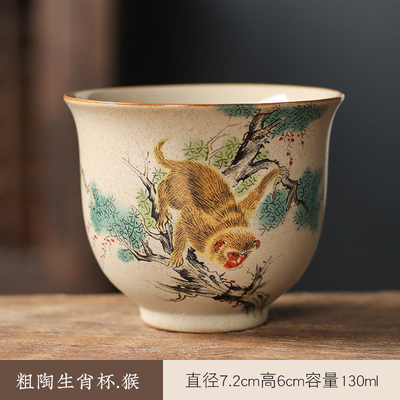 中国生肖陶瓷茶具 - 12件手绘动物茶杯与功夫茶,复古风格收藏茶具,适合家庭冲泡和亚洲文化爱好者