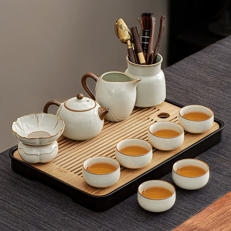Ru Kiln Ceramic Kung Fu Tea Set - Luxury Teapot, Gaiwan, Cups & Tray for Home Tea Ceremony, Premium Chinese Porcelain Brewing Kit