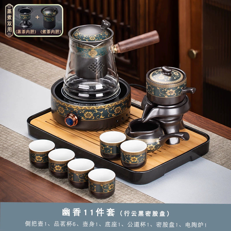 Effortless Tea Set with Heat-Resistant Teapot - Semi-Automatic Ceramic Gongfu Teacups & Stone-Mill Design for Home Brewing, Anti-Scald Tea Maker Kit