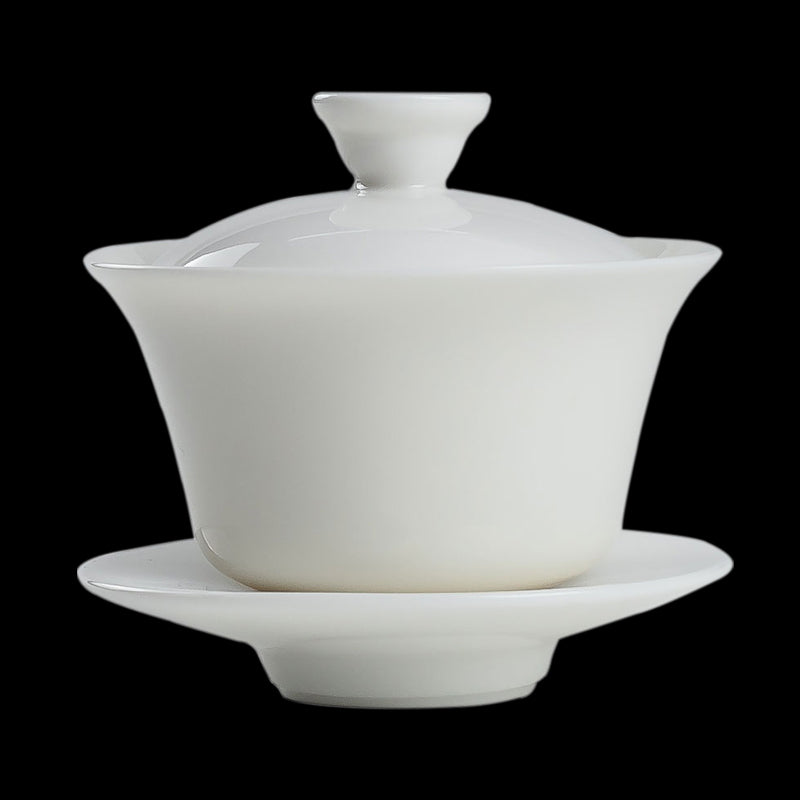 Extra-Large Sancai Lidded Tea Bowl - Ceramic Gongfu Tea Set with Dehua Blue-and-White Porcelain Design, White Porcelain Covered Cup for Brewing and Serving