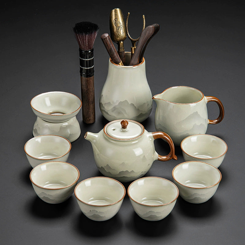Ru Kiln Ceramic Kung Fu Tea Set - Luxury Teapot, Gaiwan, Cups & Tray for Home Tea Ceremony, Premium Chinese Porcelain Brewing Kit