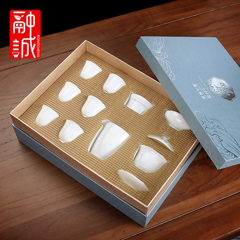 优质德化瓷茶具 - 玉釉陶瓷茶壶配紧凑茶杯,优雅白色陶瓷茶具,适用于家庭、办公室或客厅使用