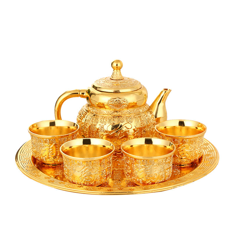 Luxury Gold "Fu" Chinese Gongfu Tea Set - Complete Alloy Teapot & Cups with Tray, Compact Home Brewing Kit for Coffee Table, Elegant Gift for Tea Lovers