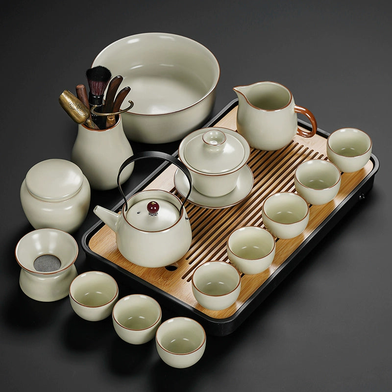 Ru Kiln Ceramic Kung Fu Tea Set - Luxury Teapot, Gaiwan, Cups & Tray for Home Tea Ceremony, Premium Chinese Porcelain Brewing Kit