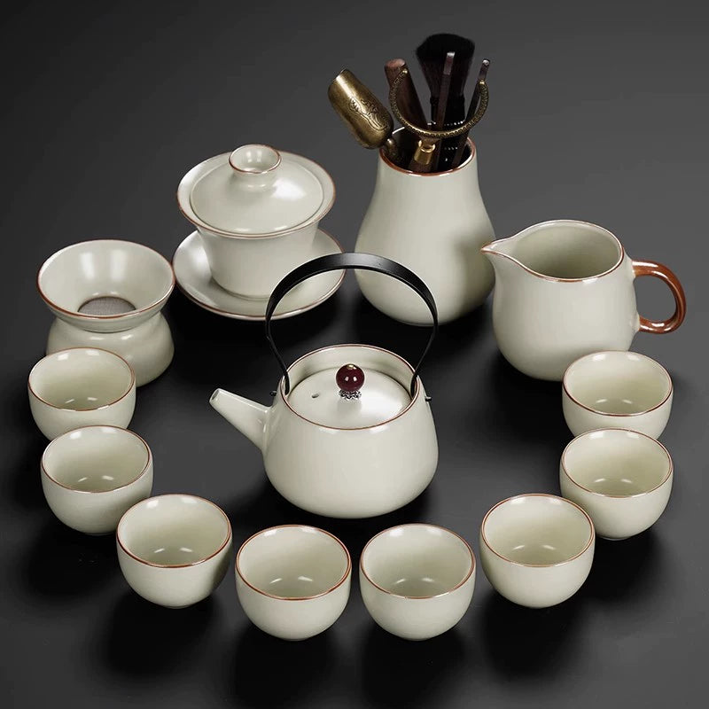 Ru Kiln Ceramic Kung Fu Tea Set - Luxury Teapot, Gaiwan, Cups & Tray for Home Tea Ceremony, Premium Chinese Porcelain Brewing Kit