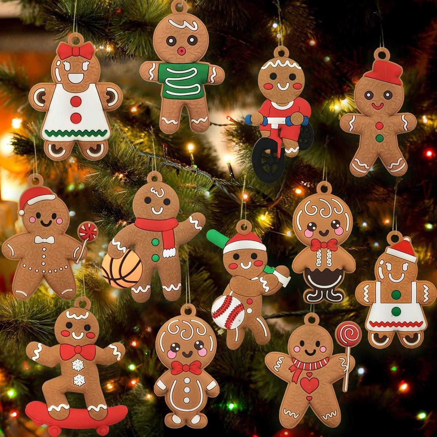 12pcs Gingerbread Man Ornaments for Christmas Tree, Assorted Gingerbread Figurines Ornaments, Christmas Tree Hanging Decorations, 3 Inch Tall