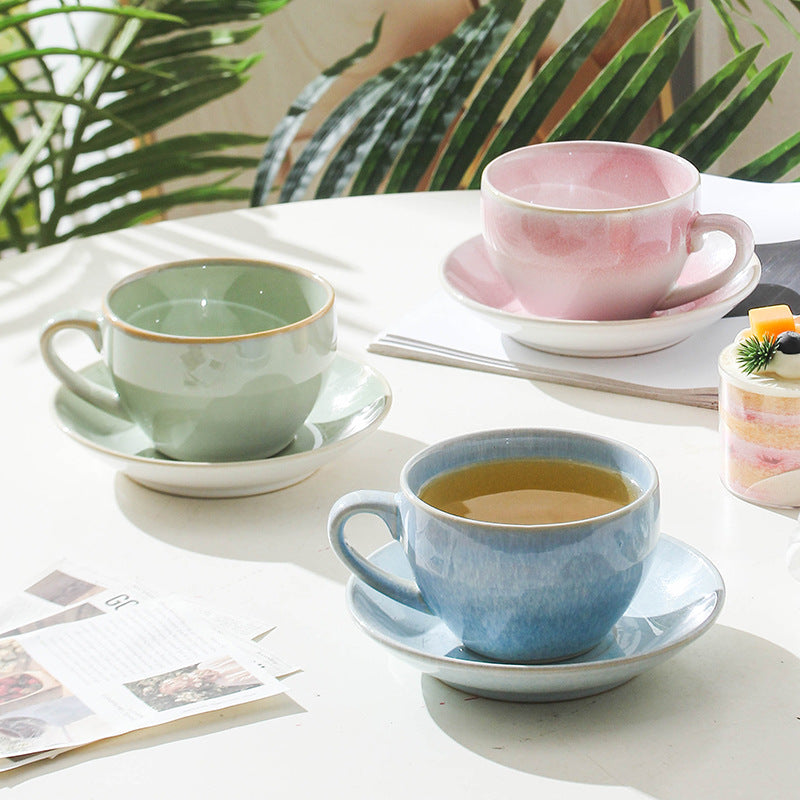 American Vintage-Style Ceramic Coffee Cup & Saucer Set – Rustic Glazed Tea Set with Oxidation Firing Finish