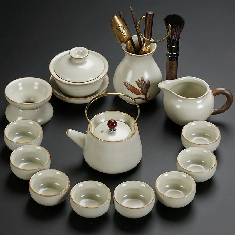 Ru Kiln Ceramic Kung Fu Tea Set - Luxury Teapot, Gaiwan, Cups & Tray for Home Tea Ceremony, Premium Chinese Porcelain Brewing Kit