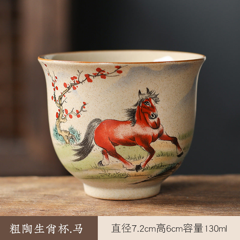 中国生肖陶瓷茶具 - 12件手绘动物茶杯与功夫茶,复古风格收藏茶具,适合家庭冲泡和亚洲文化爱好者