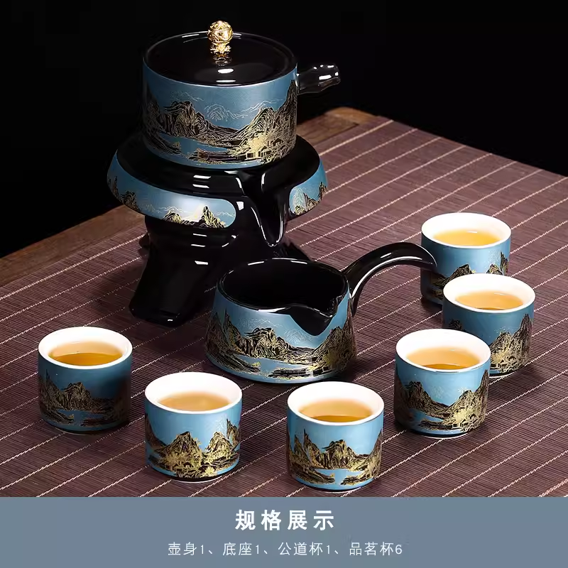 Effortless Tea Set with Heat-Resistant Teapot - Semi-Automatic Ceramic Gongfu Teacups & Stone-Mill Design for Home Brewing, Anti-Scald Tea Maker Kit